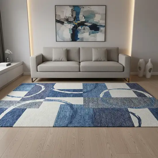 Blue And Ivory Geometric Washable Area Rug With UV Protection Photo 2