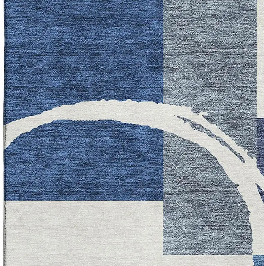Blue And Ivory Geometric Washable Area Rug With UV Protection Photo 2