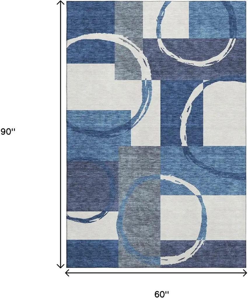 Blue And Ivory Geometric Washable Area Rug With UV Protection Photo 9