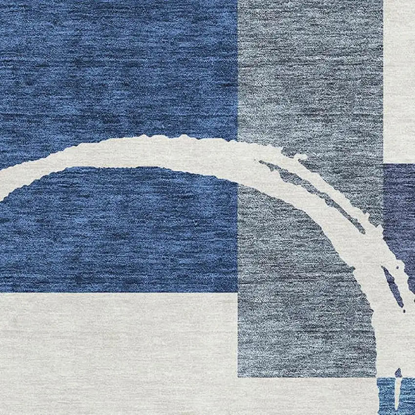 Blue And Ivory Geometric Washable Area Rug With UV Protection Photo 2