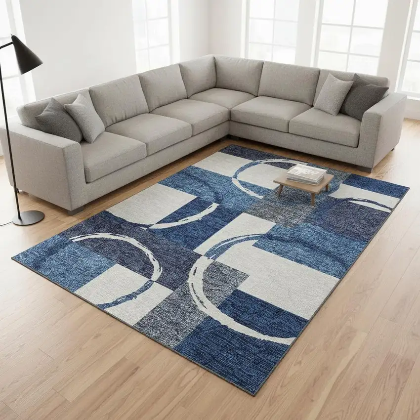 Blue And Ivory Geometric Washable Area Rug With UV Protection Photo 2