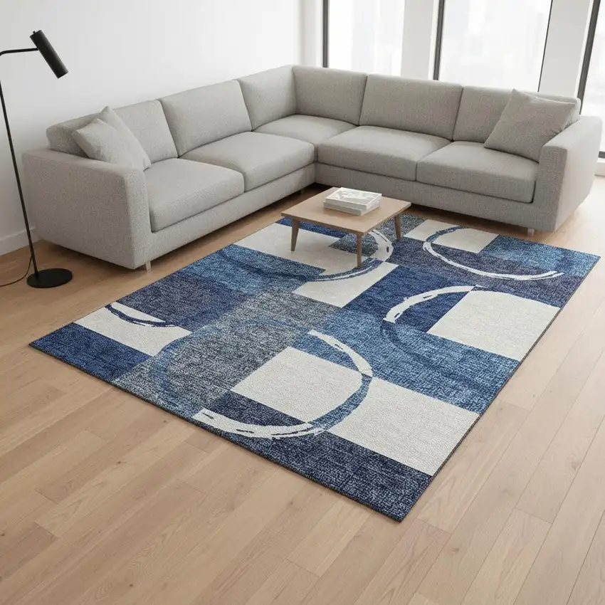 Blue And Ivory Geometric Washable Area Rug With UV Protection Photo 2