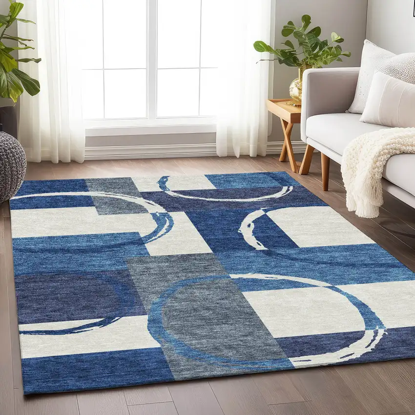 Blue And Ivory Geometric Washable Area Rug With UV Protection Photo 4
