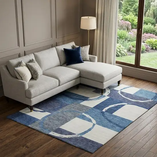 Blue And Ivory Geometric Washable Area Rug With UV Protection Photo 1