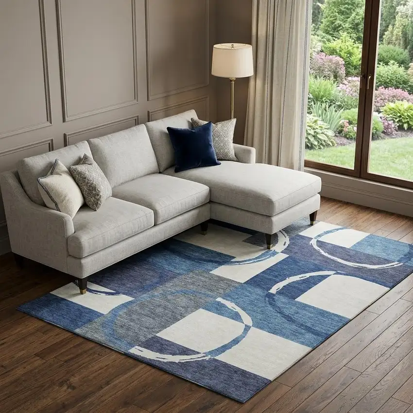 Blue And Ivory Geometric Washable Area Rug With UV Protection Photo 1