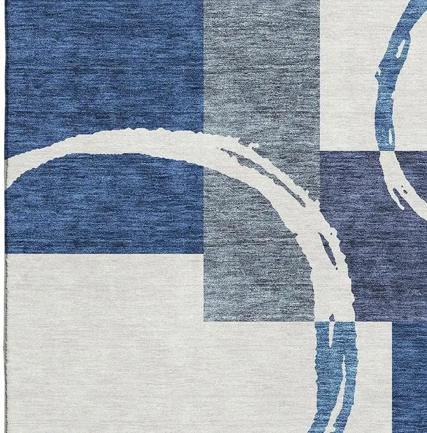 Blue And Ivory Geometric Washable Area Rug With UV Protection Photo 2