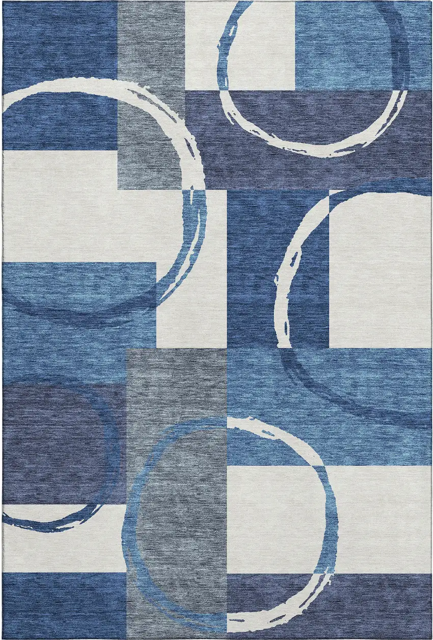 Blue And Ivory Geometric Washable Area Rug With UV Protection Photo 1