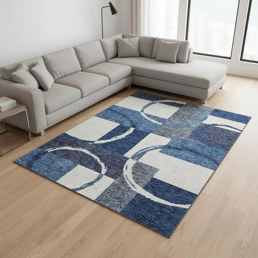 Blue And Ivory Geometric Washable Area Rug With UV Protection Photo 2