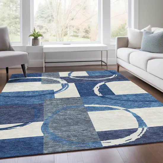 Blue And Ivory Geometric Washable Area Rug With UV Protection Photo 4