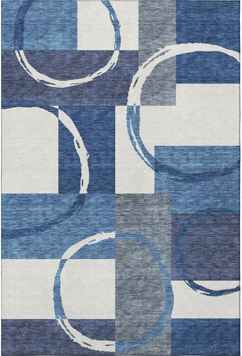 Blue And Ivory Geometric Washable Area Rug With UV Protection Photo 2