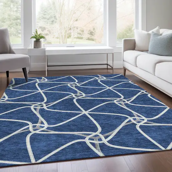 Blue And Ivory Geometric Washable Area Rug With UV Protection Photo 5