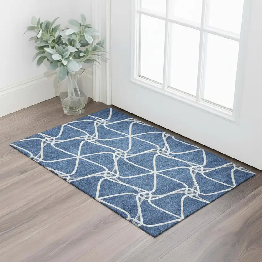 Blue And Ivory Geometric Washable Area Rug With UV Protection Photo 2
