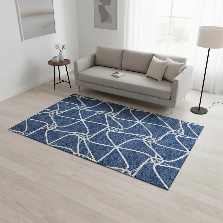 Blue And Ivory Geometric Washable Area Rug With UV Protection Photo 2