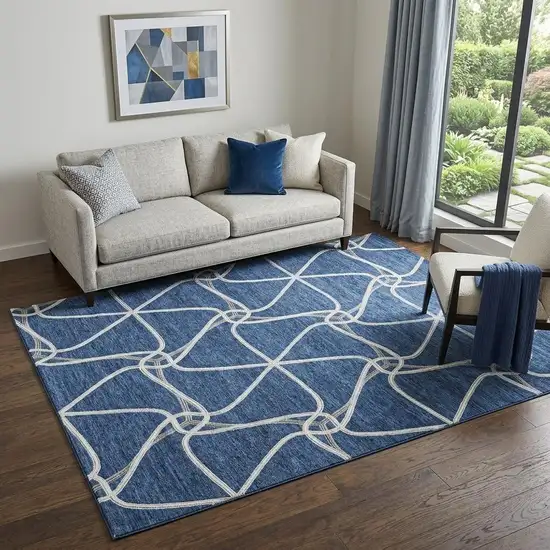 Blue And Ivory Geometric Washable Area Rug With UV Protection Photo 1