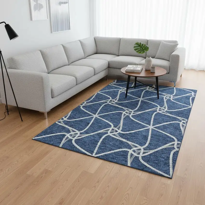 Blue And Ivory Geometric Washable Area Rug With UV Protection Photo 2