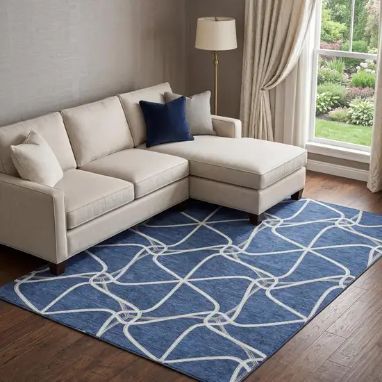 Blue And Ivory Geometric Washable Area Rug With UV Protection Photo 1