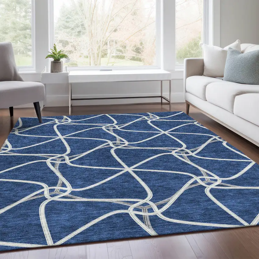 Blue And Ivory Geometric Washable Area Rug With UV Protection Photo 5
