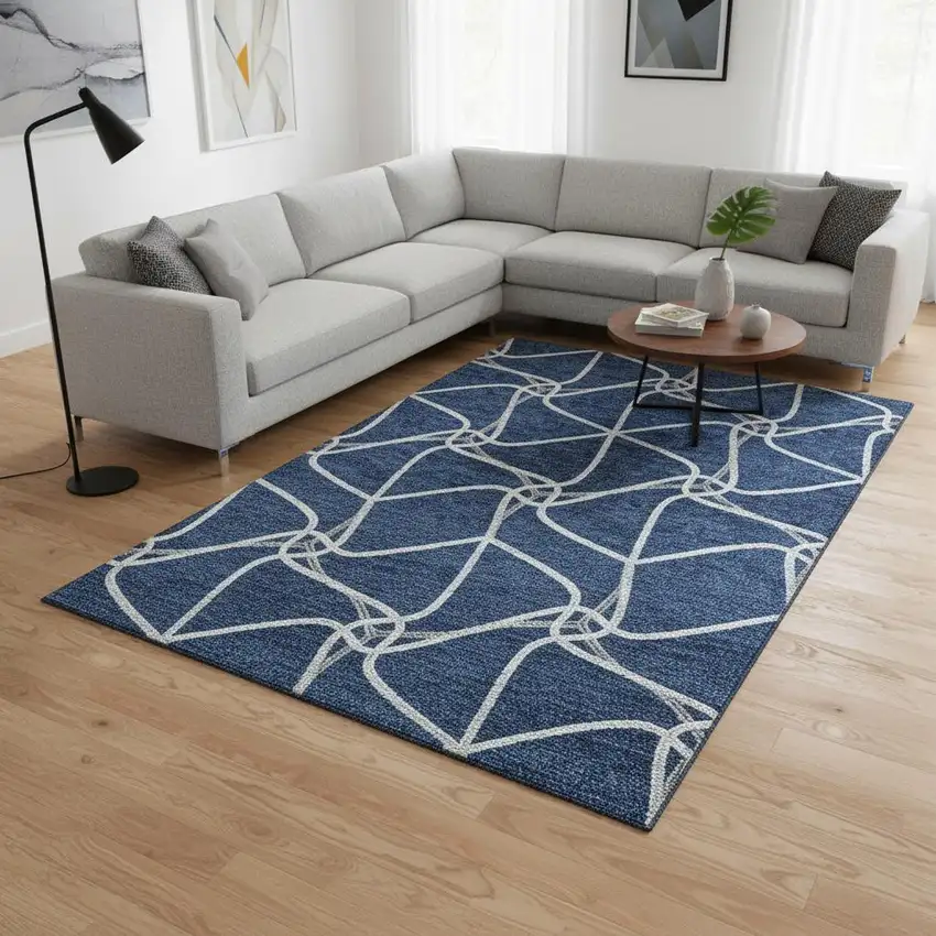 Blue And Ivory Geometric Washable Area Rug With UV Protection Photo 2