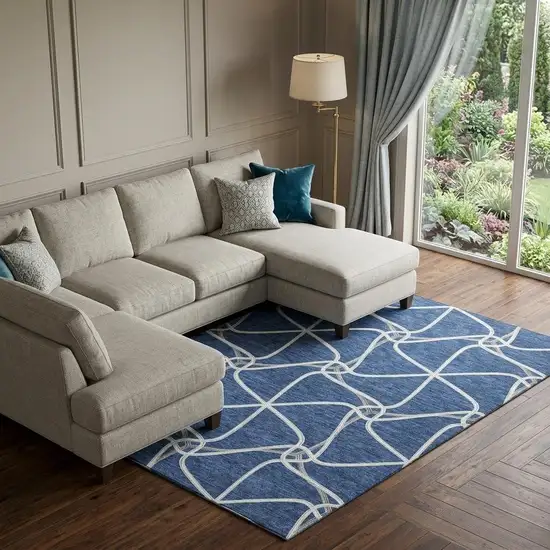 Blue And Ivory Geometric Washable Area Rug With UV Protection Photo 1