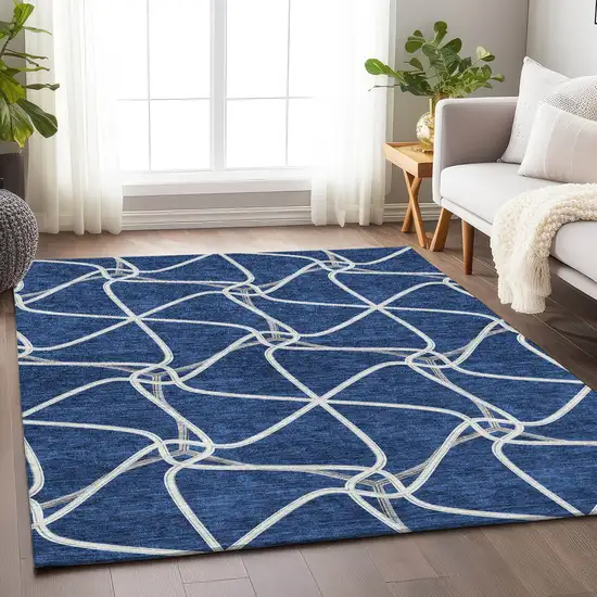 Blue And Ivory Geometric Washable Area Rug With UV Protection Photo 4