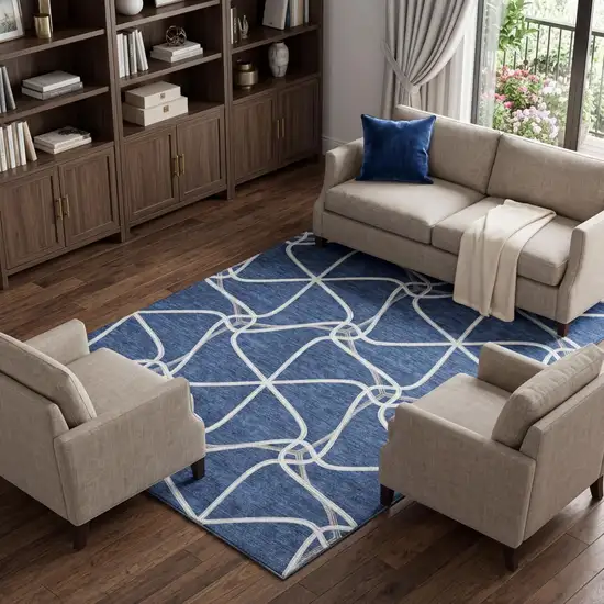 Blue And Ivory Geometric Washable Area Rug With UV Protection Photo 1