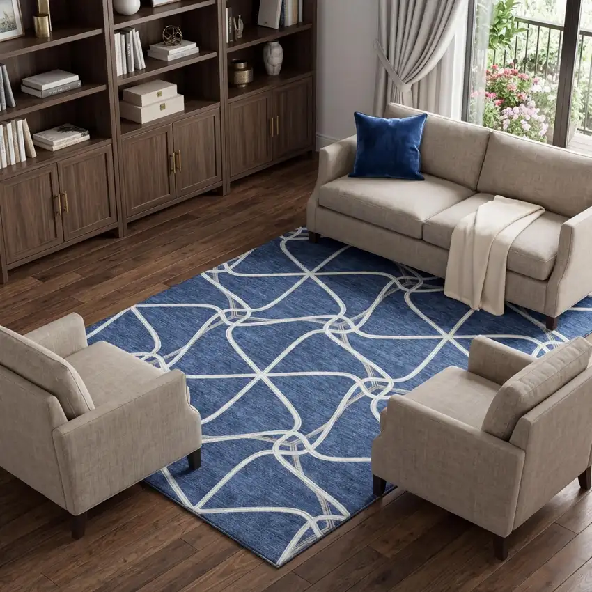 Blue And Ivory Geometric Washable Area Rug With UV Protection Photo 1