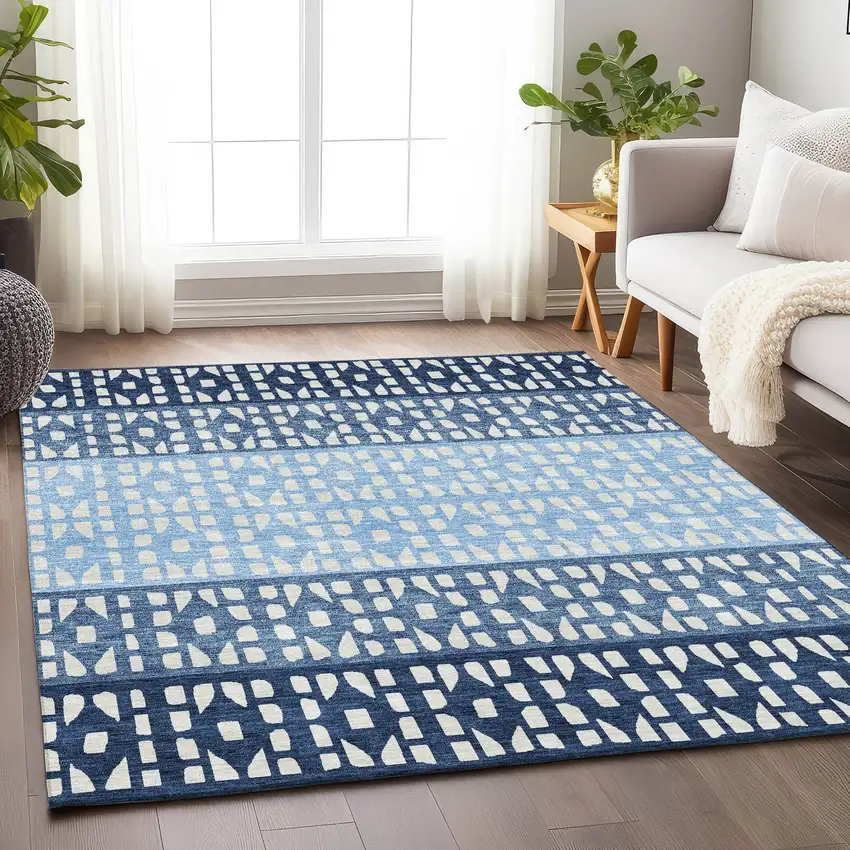 Blue And Ivory Geometric Washable Area Rug With UV Protection Photo 4