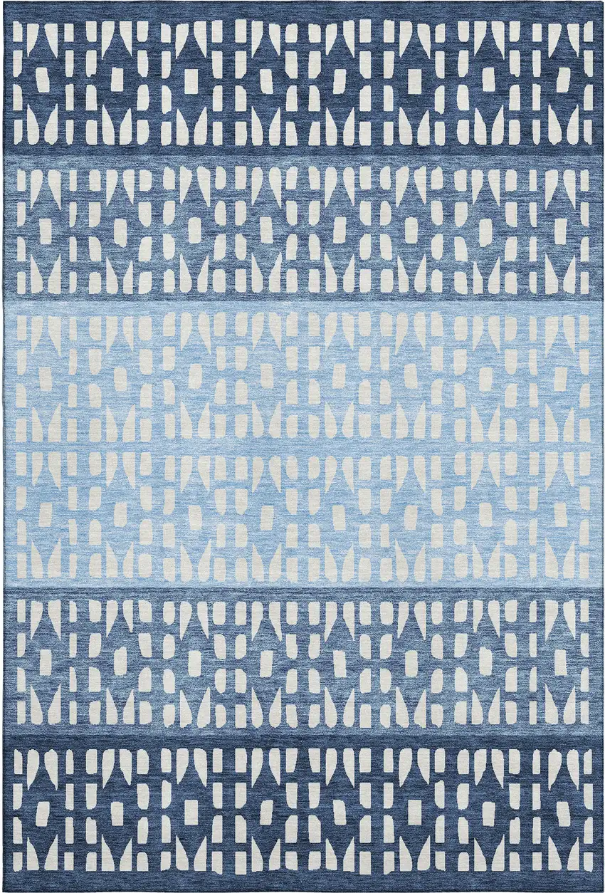 Blue And Ivory Geometric Washable Area Rug With UV Protection Photo 1