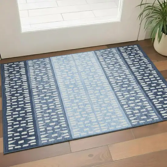 Blue And Ivory Geometric Washable Area Rug With UV Protection Photo 2