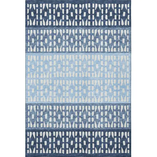 Blue And Ivory Geometric Washable Area Rug With UV Protection Photo 3