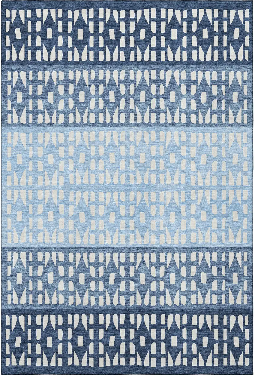 Blue And Ivory Geometric Washable Area Rug With UV Protection Photo 3