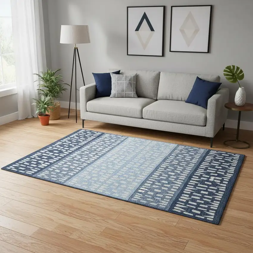 Blue And Ivory Geometric Washable Area Rug With UV Protection Photo 2