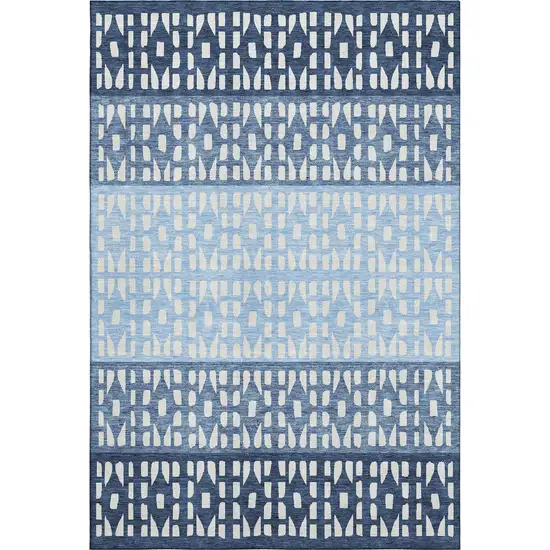 Blue And Ivory Geometric Washable Area Rug With UV Protection Photo 1