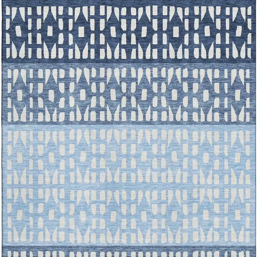 Blue And Ivory Geometric Washable Area Rug With UV Protection Photo 2