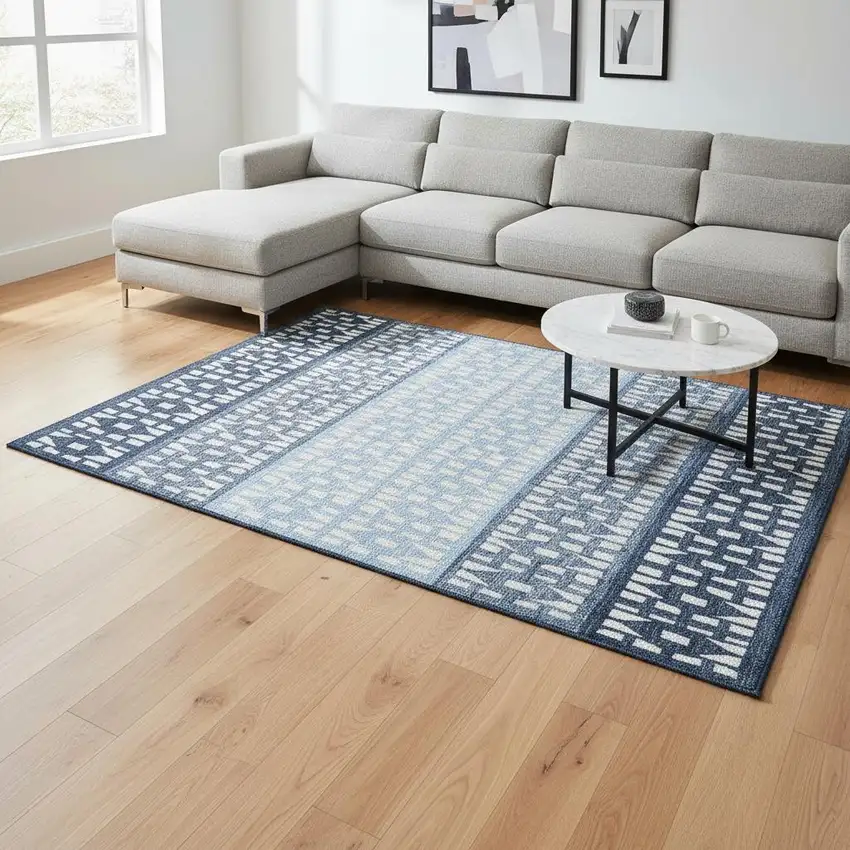 Blue And Ivory Geometric Washable Area Rug With UV Protection Photo 2