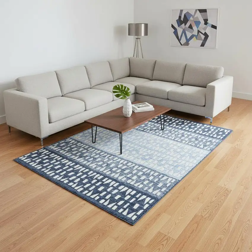 Blue And Ivory Geometric Washable Area Rug With UV Protection Photo 2