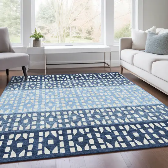 Blue And Ivory Geometric Washable Area Rug With UV Protection Photo 5