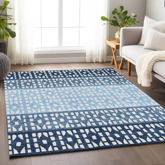 Blue And Ivory Geometric Washable Area Rug With UV Protection Photo 4
