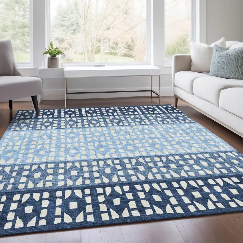 Blue And Ivory Geometric Washable Area Rug With UV Protection Photo 5