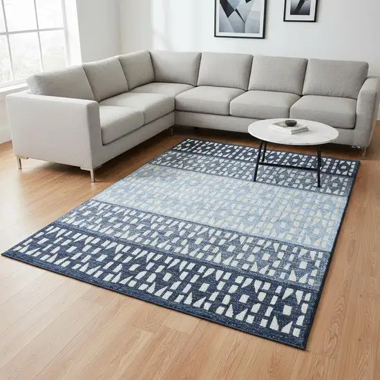 Blue And Ivory Geometric Washable Area Rug With UV Protection Photo 2
