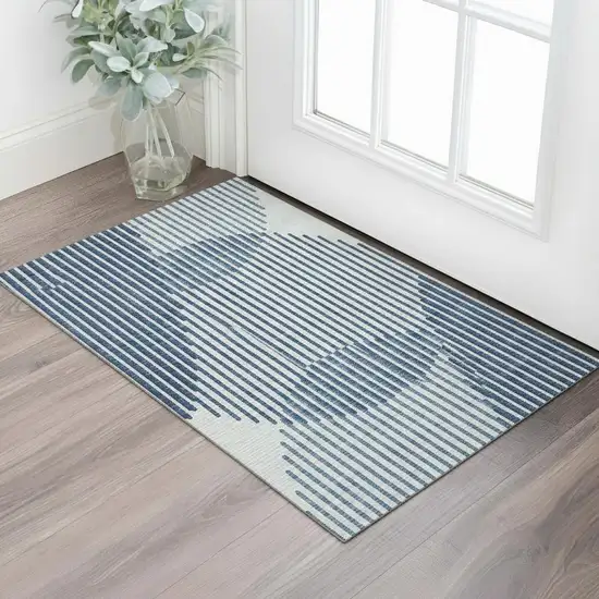 Blue And Ivory Geometric Washable Area Rug With UV Protection Photo 2