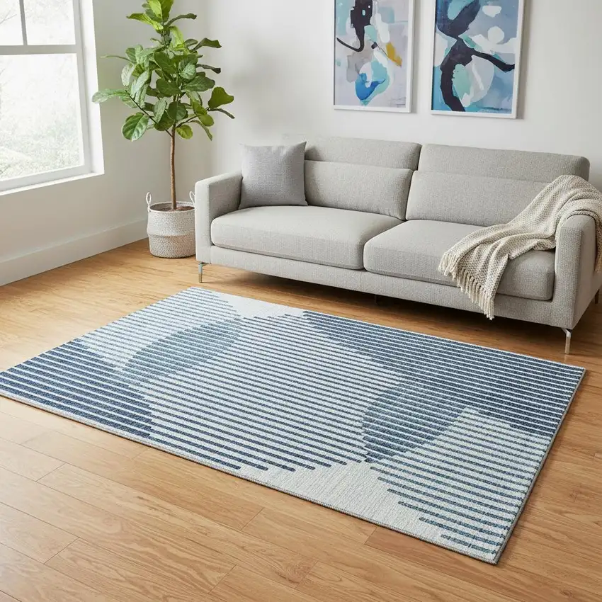 Blue And Ivory Geometric Washable Area Rug With UV Protection Photo 2