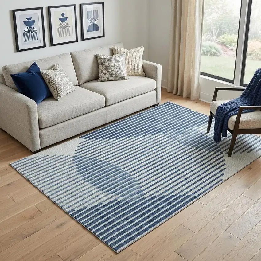 Blue And Ivory Geometric Washable Area Rug With UV Protection Photo 1