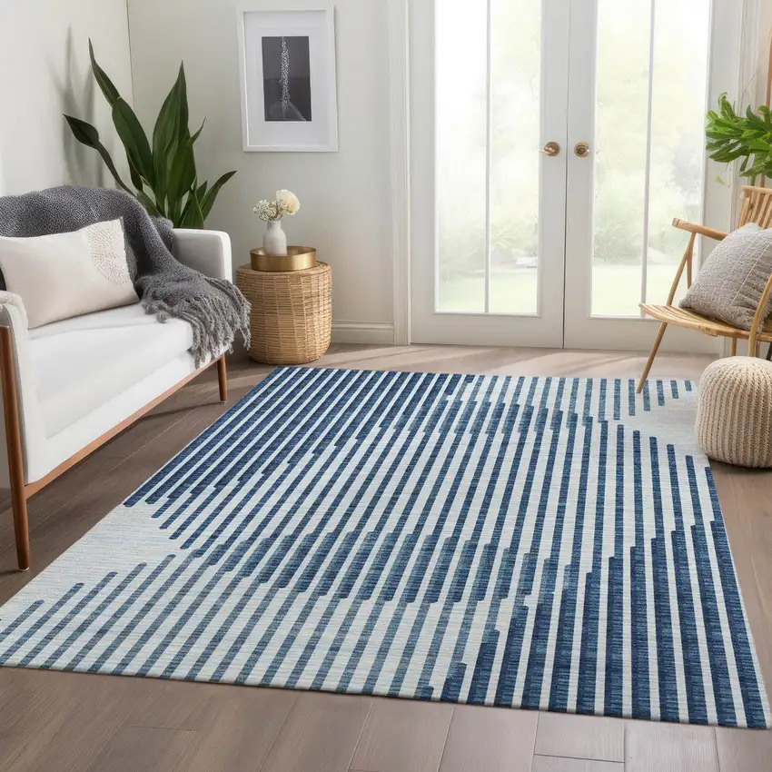 Blue And Ivory Geometric Washable Area Rug With UV Protection Photo 5