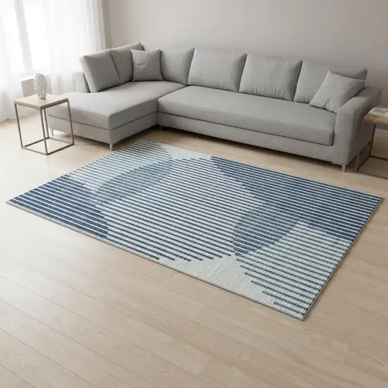Blue And Ivory Geometric Washable Area Rug With UV Protection Photo 2
