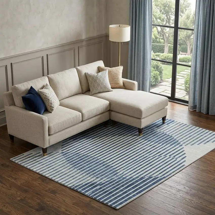 Blue And Ivory Geometric Washable Area Rug With UV Protection Photo 1