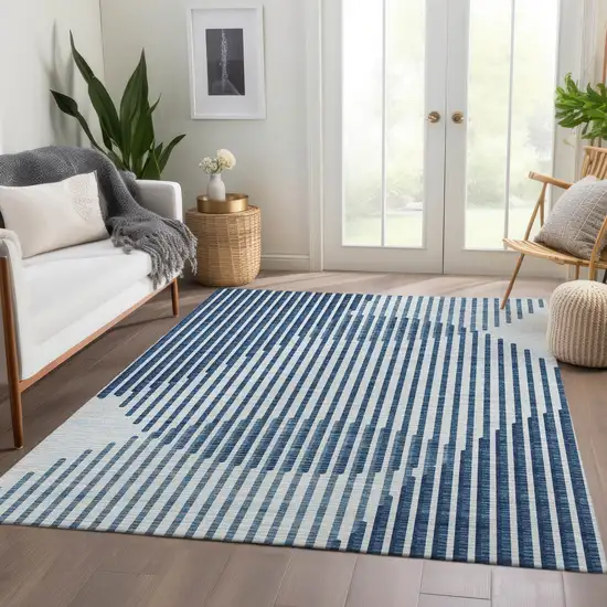 Blue And Ivory Geometric Washable Area Rug With UV Protection Photo 5