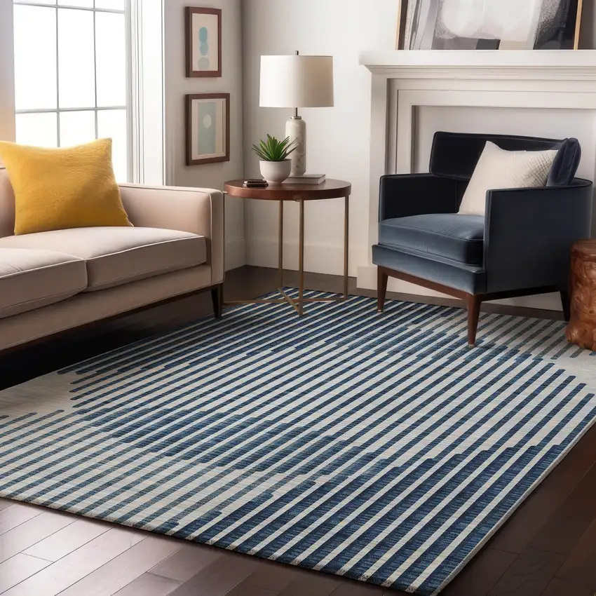 Blue And Ivory Geometric Washable Area Rug With UV Protection Photo 4