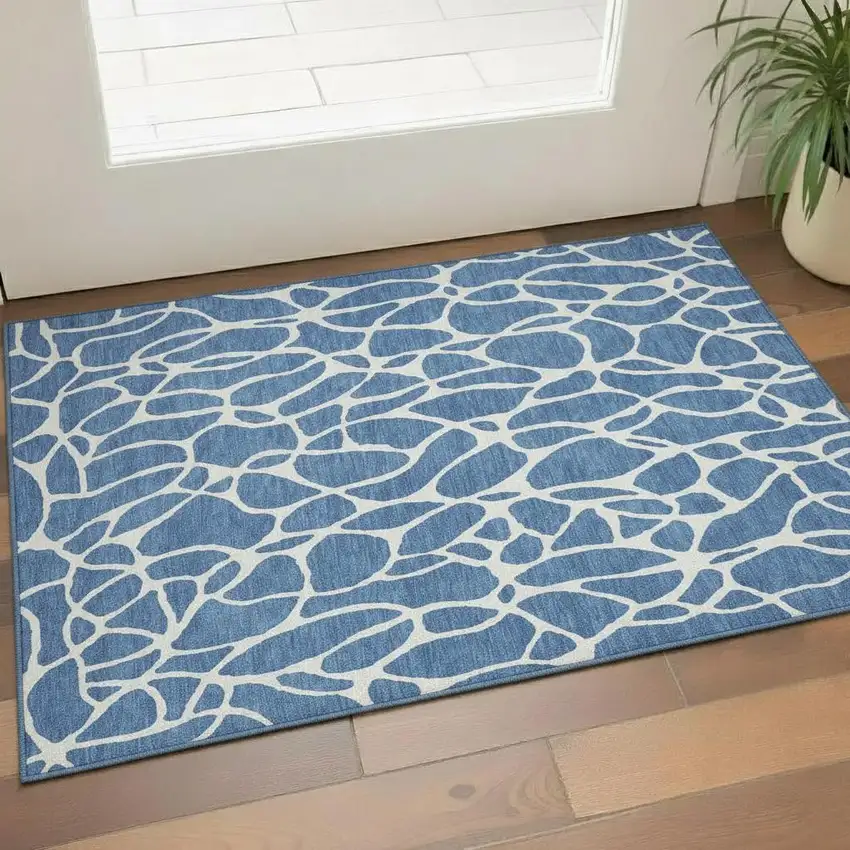 Blue And Ivory Geometric Washable Area Rug With UV Protection Photo 2