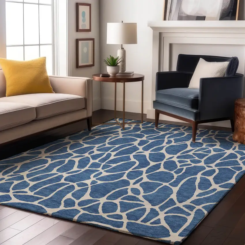 Blue And Ivory Geometric Washable Area Rug With UV Protection Photo 4